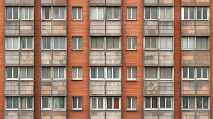 Front view of a Soviet-style apartment block with red bricks and worn concrete panels, uniform windows in symmetrical layout