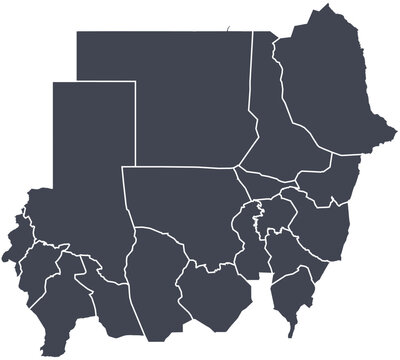 Vector map of Sudan showing all regions with clearly defined borders and country outline. Dark color scheme with white contours. Perfect for educational, infographic, and professional use.

