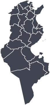 Vector map of Tunisia showing all regions with clearly defined borders and country outline. Dark color scheme with white contours. Perfect for educational, infographic, and professional use.

