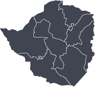 Vector map of Zimbabwe showing all regions with clearly defined borders and country outline. Dark color scheme with white contours. Perfect for educational, infographic, and professional use.

