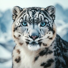 Naklejka premium A stunning closeup of a Snow Leopard in its natural habitat revealing its thick spotted fur powerful jawline and piercing icyblue eyes The cold mountainous 