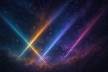 Colorful cosmic light beams crossing a starry night sky