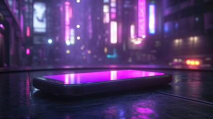 Cyberpunk City Nights Lost Phone with Neon Glow.