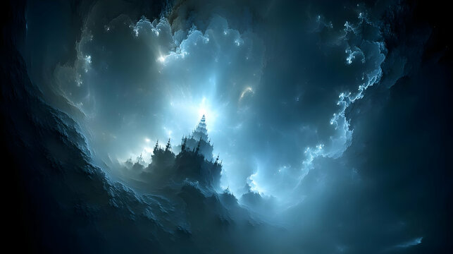 skyline with fractal patterns and glowing clouds