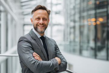 Hombre caucasico espa&ntilde;ol, senior de mas de 50 a&ntilde;os, mirando a c&aacute;mara, sonriendo, llevando traje gris con corbata azul marina y camisa azul claro, sobre fondo luminoso de edificio de oficinas