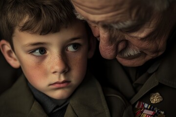 Obraz premium A young boy and an elderly man share a heartfelt moment, their eyes filled with emotion, dressed in military attire of different generations.