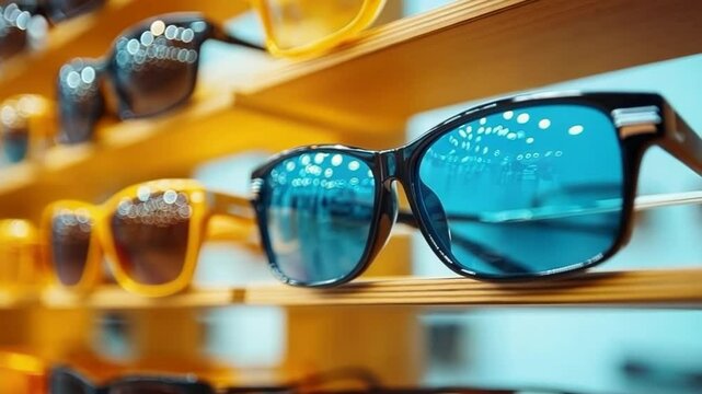 Modern glasses shop interior with a variety of eyewear displays. Optical store offering stylish frames, lenses, and eye care products. banner, frames