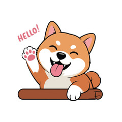 Cute Cartoon Shiba Inu Dog Waving Hello with Tongue Out vector illustration isolated on white background