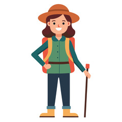 Female solo traveler hiking poses character set on white background vector illustration
