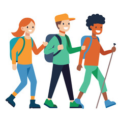Friends of different cultures hiking on white background vector illustration