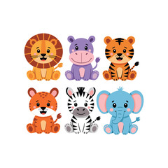 A set of cute vector illustrations in a simple childish style. Safari animals. Cute tiger, lion cub, elephant cub and hippo, zebra isolated on white background