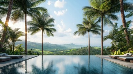 Fototapeta premium Serene infinity pool overlooking lush mountains and palm trees under a bright sky.