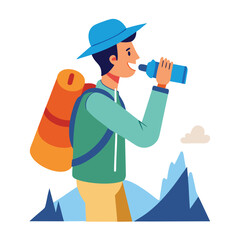 Hiker drinking water from bottle on white background vector illustration