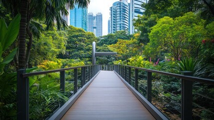 Fototapeta premium Urban park walkway through lush greenery