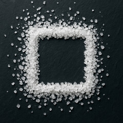 Salzgeometrie - Grobes Meersalz geometrisch angeordnet auf dunklem Grund Salt Geometry - Coarse Sea Salt Arranged Geometrically on Dark Surface 