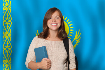 Happy woman student against flag of Kazakhstan background. Travel, education and learn language...
