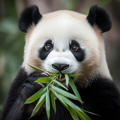 An intimate closeup of a Giant Panda munching on fresh green bamboo showcasing its fluffy blackandwhite fur and adorable round face 