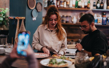 A group of people gather inside a warm and well-decorated bar area, engaging in food preparation and photography, creating a lively vibe filled with creativity and companionship.
