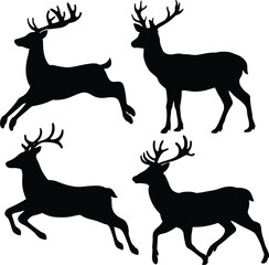Black and White Deer Silhouette Illustrations – Antlered Stags in Leaping and Standing Poses, Minimalist Vector Wildlife Art with Clean Lines and Stylized Woodland Animal