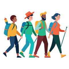 Multiethnic hiking group on white background vector illustration