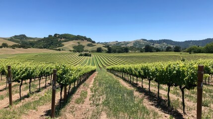 Naklejka premium Vineyard rows under sunny sky