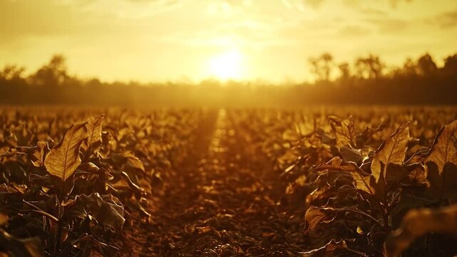 An animated wide field of dry tobacco or corn leaves stretches into the distance under a golden sunset sky creating a warm earthy harvest atmosphere in natural rows