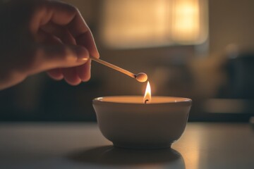 A matchstick ignites a candle flame in a dim room, symbolizing warmth, light, and the beginning of illumination.