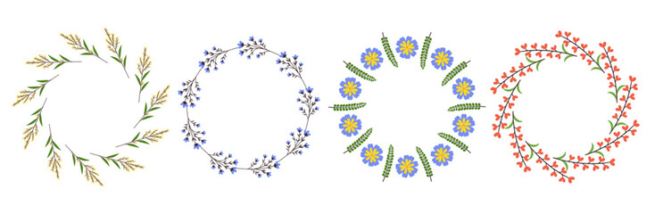 Botanical flower, plant, circle frame set. Floral wreath wild flower blossom