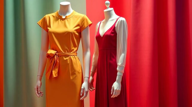 Two mannequins dressed in modern red and orange dresses, realistic style, posed in front of colorful fabric panels, fashion display concept