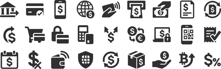 Financial transactions glyph icon set. Vector pictograms of terminal, secure, split, currency exchange, confirmation, scheduled, deposit, invoice, billing, black sign silhouette illustration.