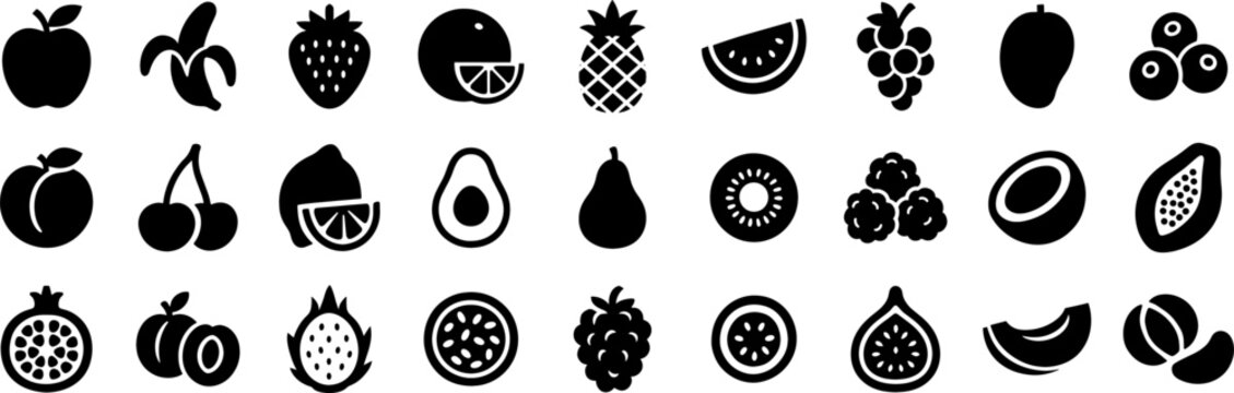 Food fruits glyph icon set. Vector pictograms of banana, strawberry, pineapple, watermelon, grapes, mango, blueberries, peach, cherry, lemon, avocado, pear, kiwi, black sign silhouette illustration.