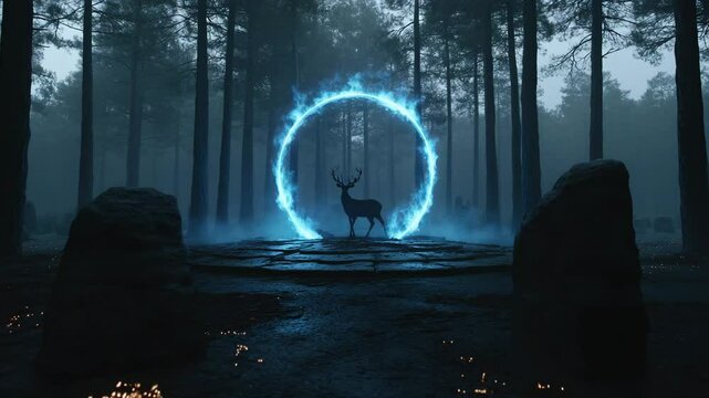 Silhouette of a deer standing within a glowing blue ring in a dark forest. Surrounding the deer are large stones and the forest is misty, creating an ethereal atmosphere.