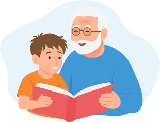 Grandfather and Boy Reading a Book.