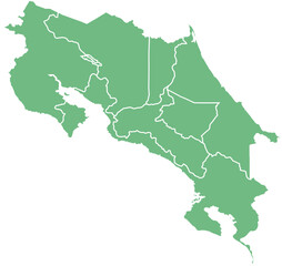 Vector map of Costa Rica showing all regions with clearly defined borders and country outline. Green color scheme with white contours. Perfect for educational, infographic, and professional use.