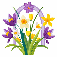 Spring bouquet featuring vibrant daffodils and tulips in a variety of colors.
