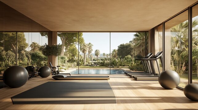 Luxurious fitness room with panoramic pool & nature views