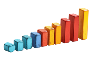 Colorful Wooden Blocks Ascending Graph Chart Business Success Growth red blue data yellow visual on transparent background