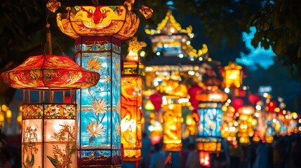 Fototapeta premium Festive lantern festival celebration cultural city stunning visuals nighttime atmosphere bird's eye view illuminated artistry