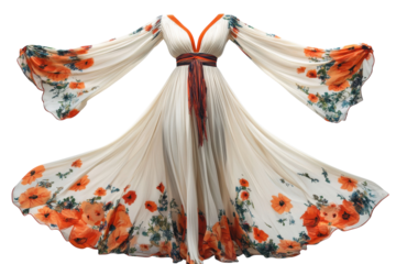 Elegant cream floral maxi dress flowing pleated skirt long bell sleeves orange poppy print studio