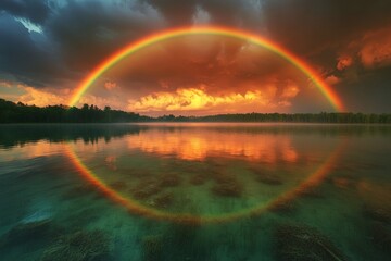 Fototapeta premium Colorful rainbow arches over tranquil lake at sunset with vibrant clouds and reflections in the water