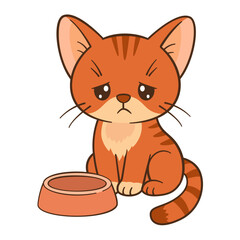 Sad cartoon kitten sitting next to an empty food bowl. Cute ginger tabby cat in Chibi Flat style clean, simple design. Perfect for children’s content, greeting cards, stickers, tshirts, mug and poster