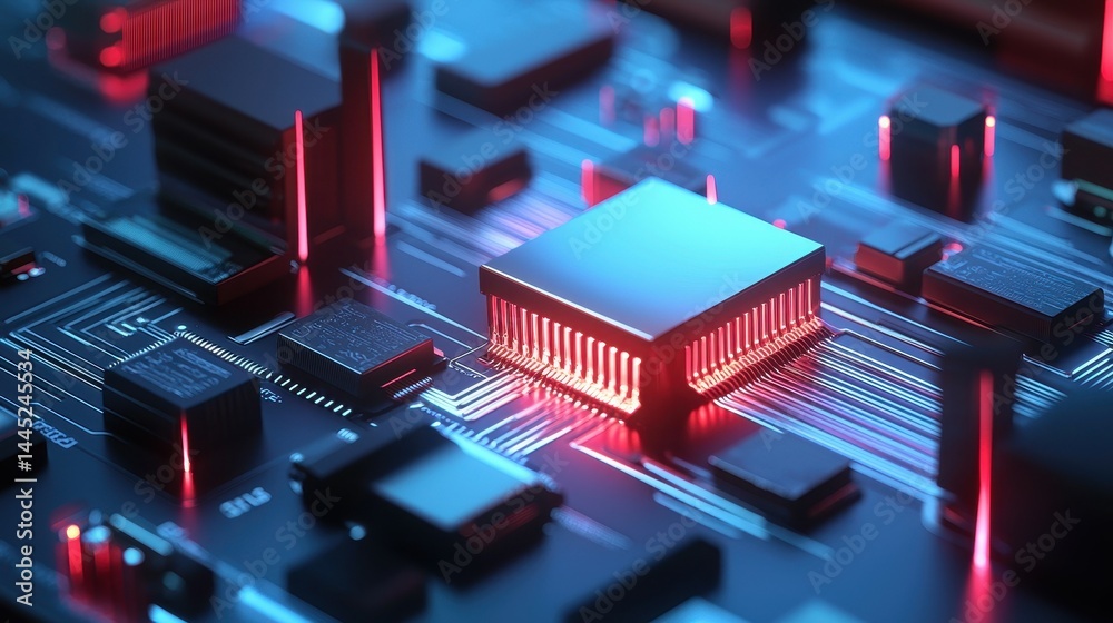 Poster close-up of a futuristic microchip on a circuit board with glowing elements.