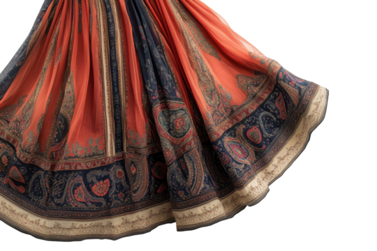 Elegant burnt orange paisley pleated skirt detailed border soft fabric drape luxurious texture rich