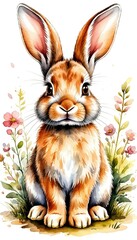 Watercolor portrait of cute rabbit isolated on white background. Character design, ai generation