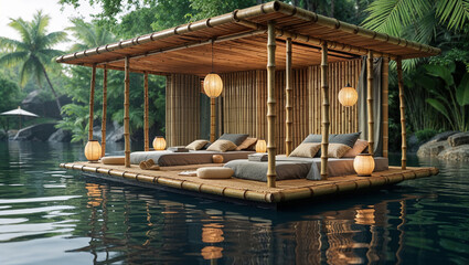 Obraz premium Luxurious bamboo pavilion over water with tranquil tropical landscape