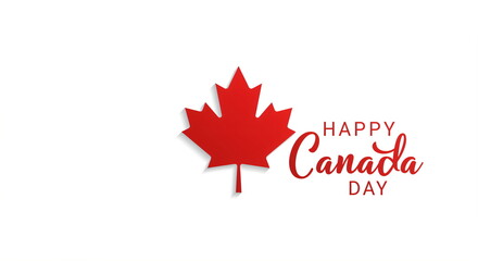 Obraz premium Happy Canada Day text with a red maple leaf illustration. Festive canadian patriotic greeting graphic on a white background, holiday concept banner.