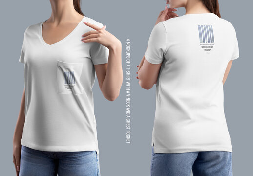 4 Mockups V-Neck T-Shirt with a Chest Pocket