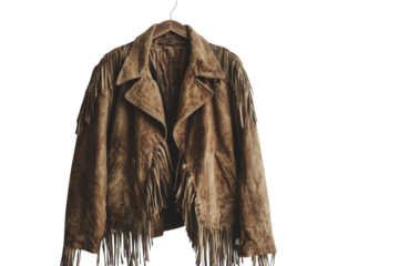 Brown suede fringe jacket vintage boho chic style hanging on wooden hanger against white wall soft