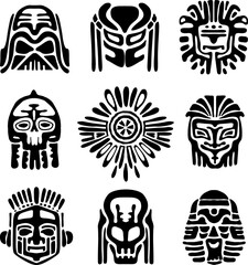 Tribal mask collection. Totem ancient decoration elements.