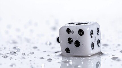 Wet Dice Cube Water Droplets Minimalist Style High Resolution Close-up Shot Reflective Surface Chance Concept Clean Background Monochromatic Tones Ideal for Game Design